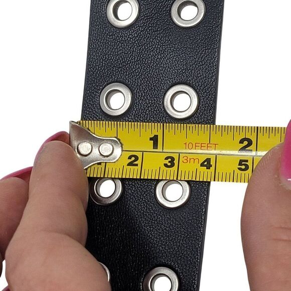 Black Silver Double Grommet Vegan Faux Leather Belt‎ Unisex Punk Alternative - Picture 3 of 10